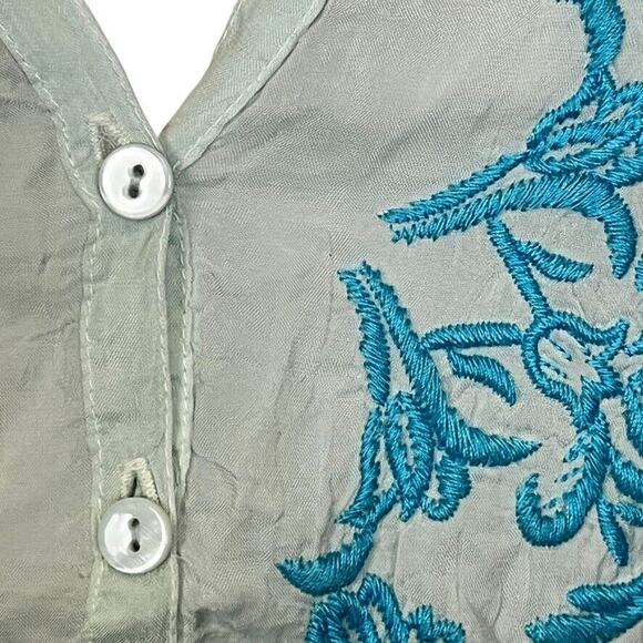 Johnny Was Womens Sheer Blue Floral Embroidered V-Neck Tunic Top Shirt Beachy M - Picture 5 of 16